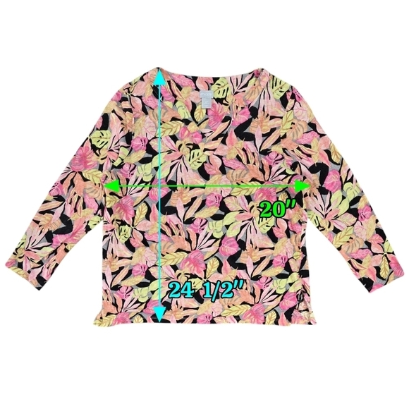 Chico's 100% Linen Pink Yellow Tropical Leaf Split Neck Top Colorful Vacation - Picture 3 of 8